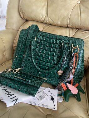 Brahmin Finley Bag Wallet Set Emerald Green Melbourne Leather Charm Tassel